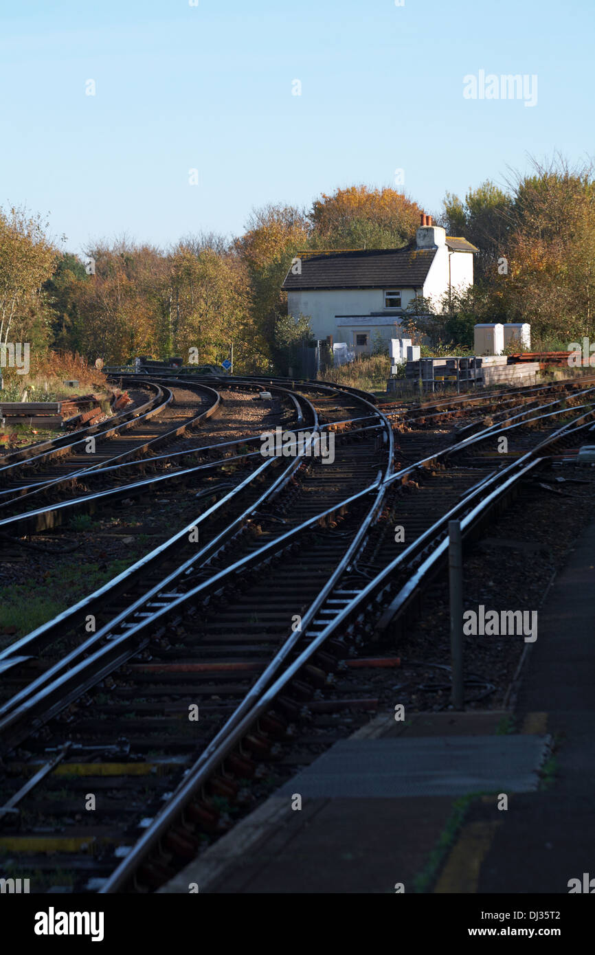 dividing line of railway tracks - concept of going in separate directions and having to make a decision Stock Photo