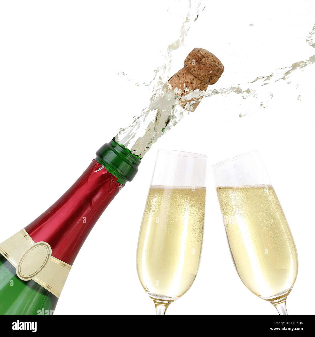 Popping cork from a Champagne bottle, isolated on white Stock Photo Alamy