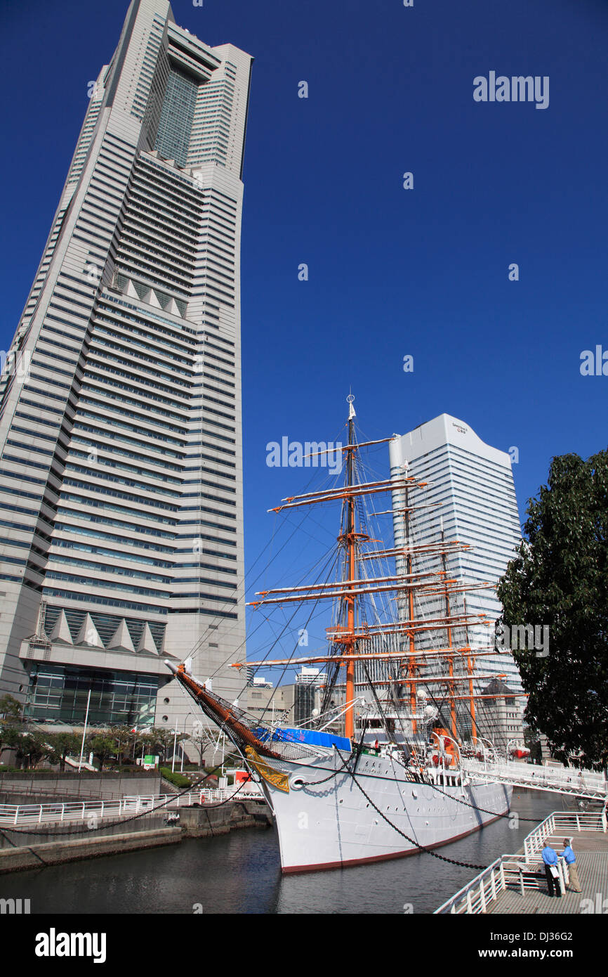 Japan, Yokohama, Minato Mirai, Landmark Tower, Nippon Maru ship, Stock Photo