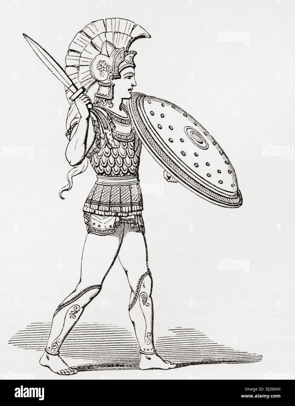 Helmeted Greek warrior wearing greaves and armour holding a Clipeus shield and sword. Stock Photo