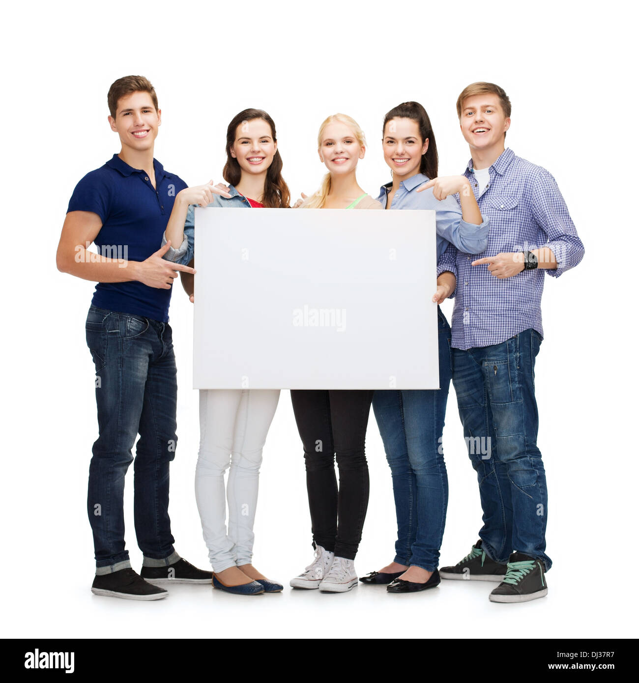 group of smiling students with white blank board Stock Photo - Alamy