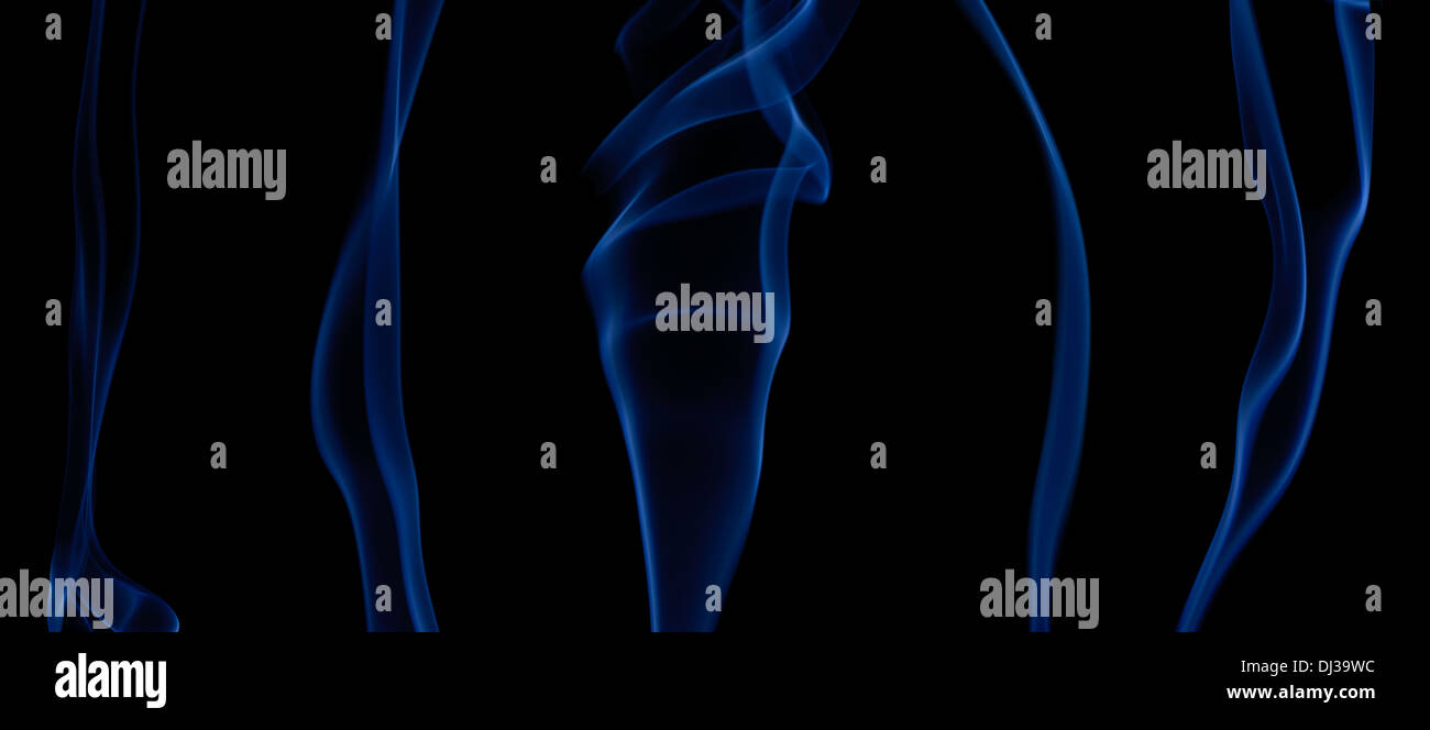 Set of smooth waves of blue smoke on black background. Abstract transparent elements. Stock Photo