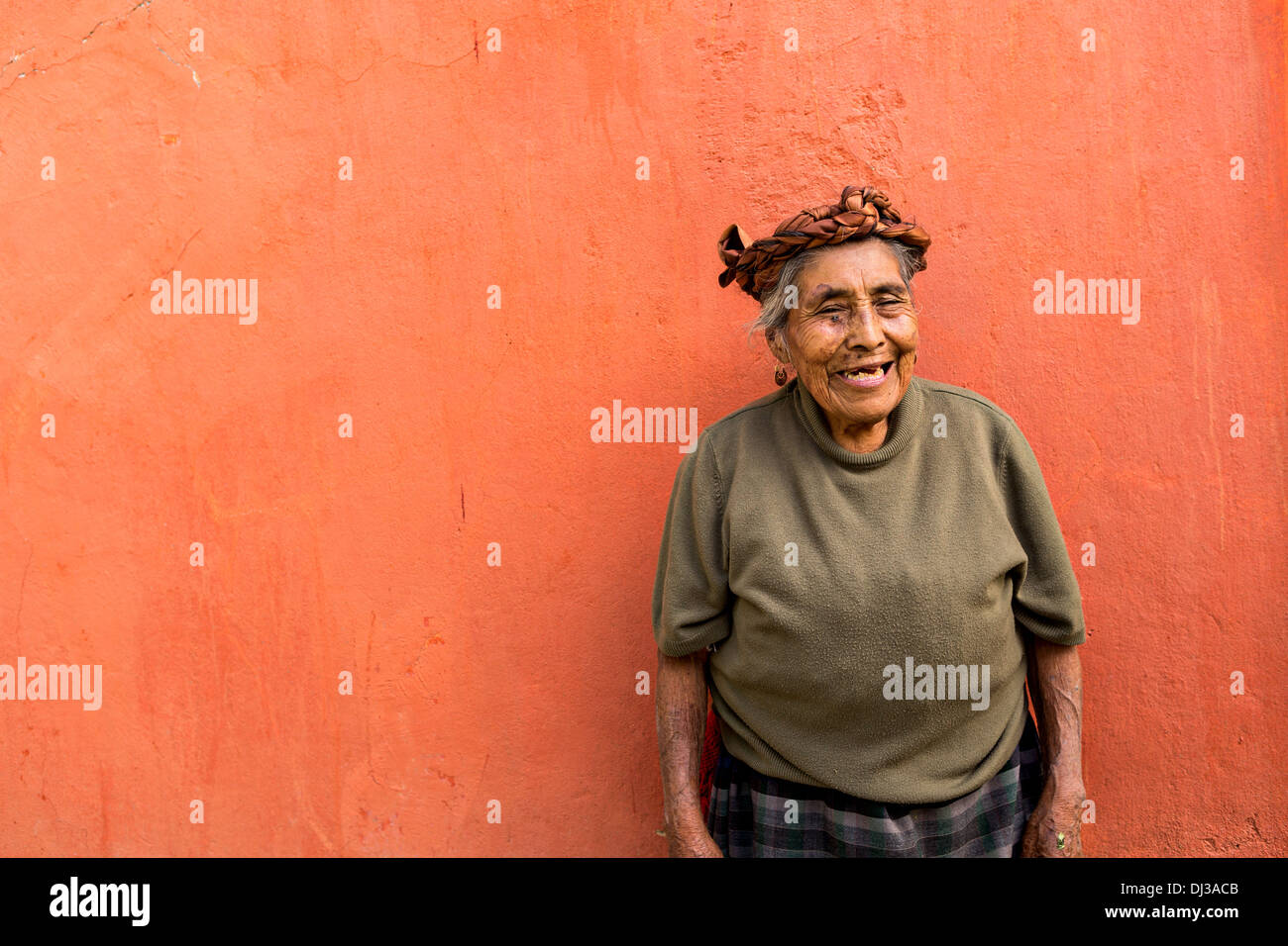 Portrait of an elderly Zapotec indigenous woman in Teotitlan, Mexico. Stock Photo