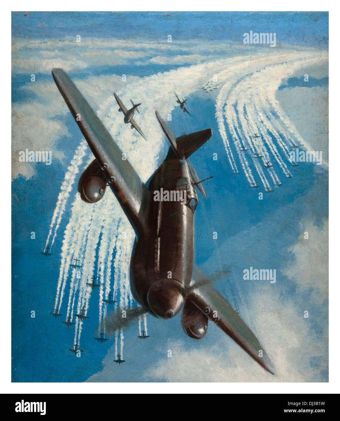 WW2 propaganda poster illustrating Spitfire aircraft with long range fuel tanks escorting bomber aircraft en-route to Germany Stock Photo