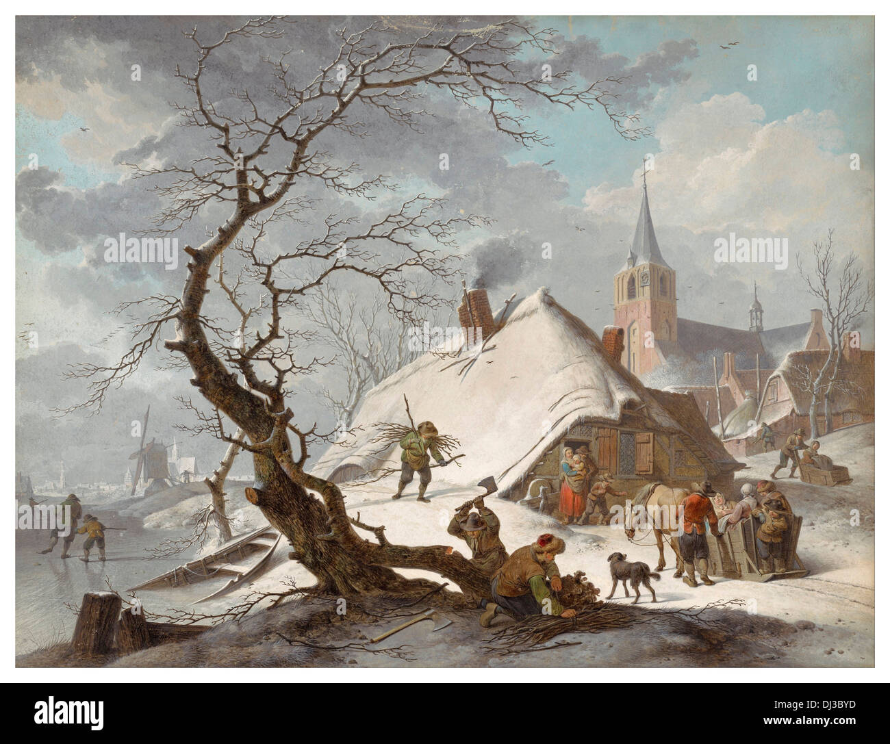 Watercolor by Hendrik Meyer of a fantasy perfect Dutch village in winter 1787 Stock Photo