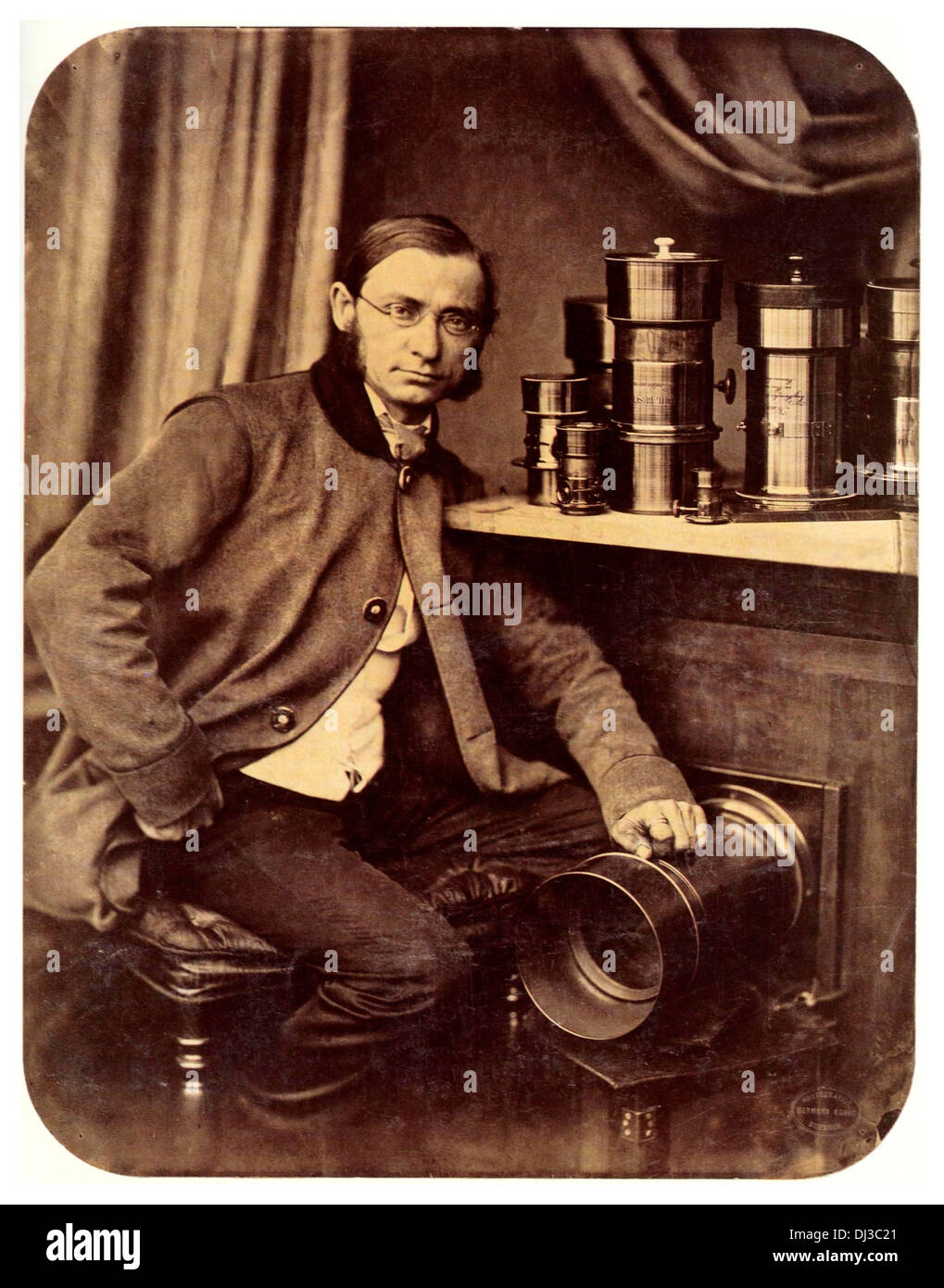 A self portrait of German Hermann Krone (1827-1916)  and his photographic equipment taken in1858 Stock Photo