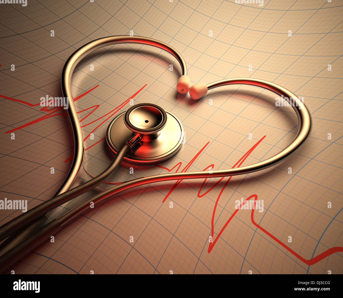 Stethoscope in shape of heart on a graph of the patient's heartbeat. Stock Photo