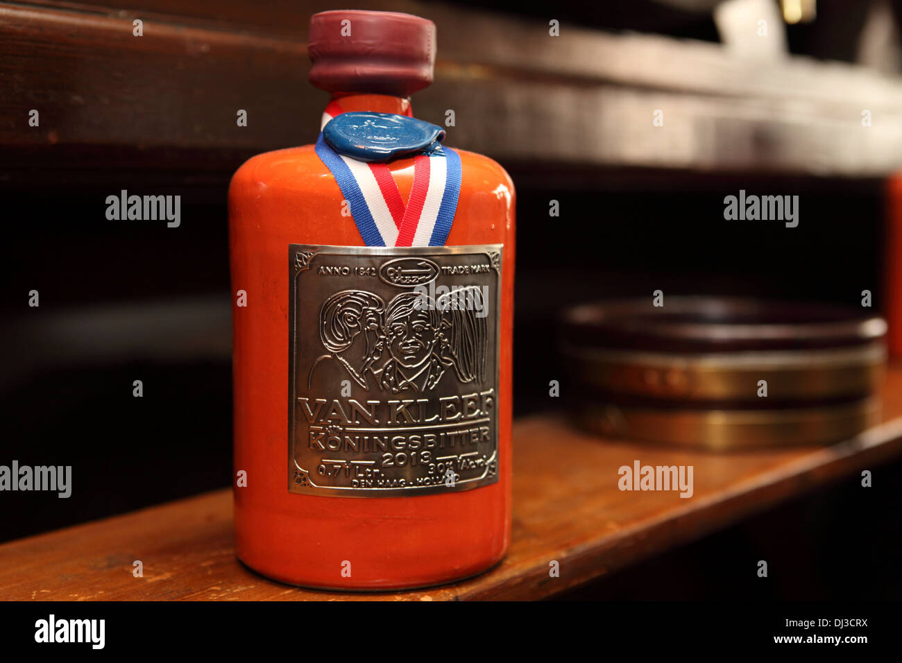 Ceramic Jenever bottle at the Van Kleef distillery in The Hague, the Netherlands. Stock Photo