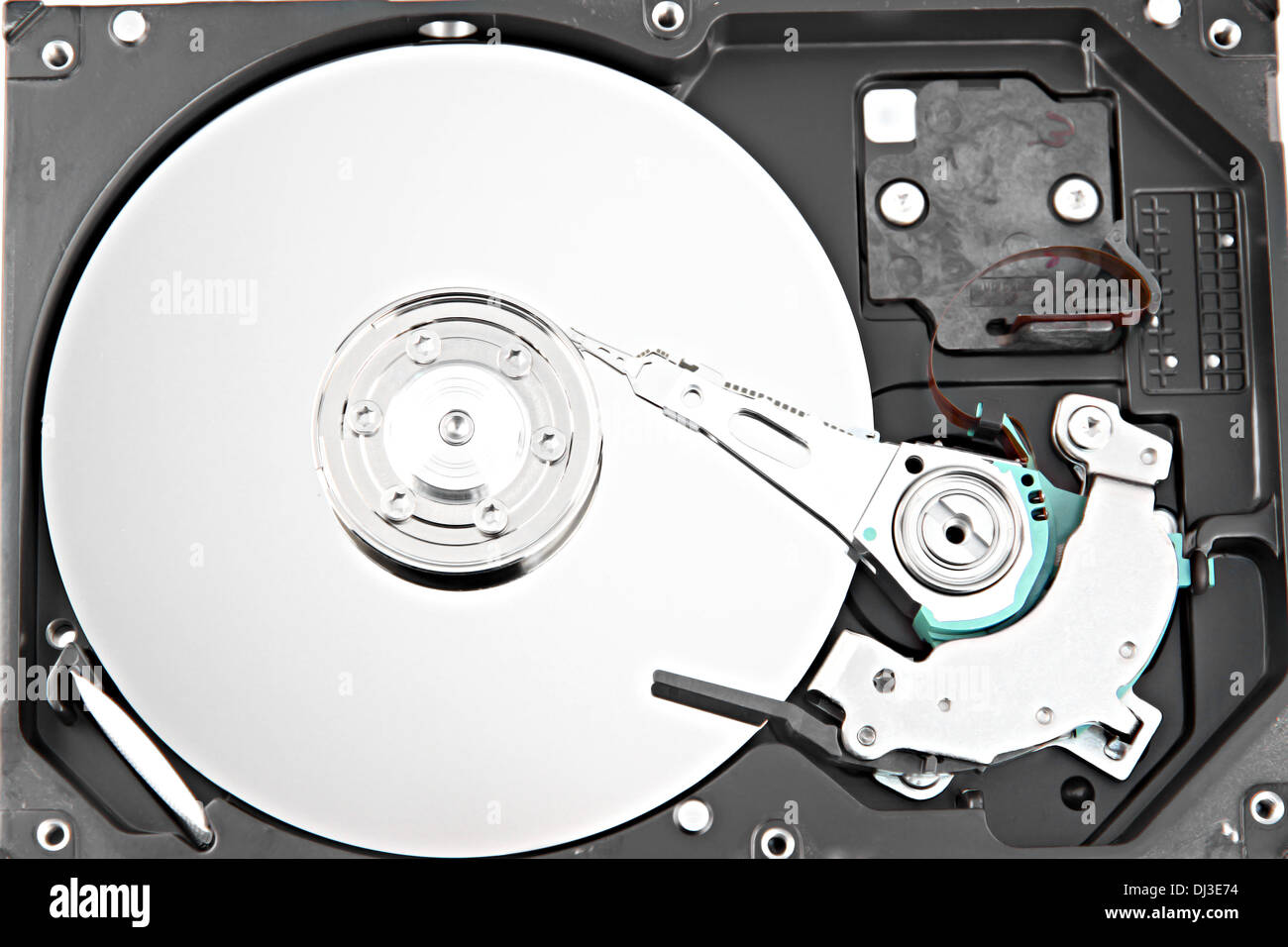 Open The Hard disk and focus picture in Disk storage on white background. Stock Photo