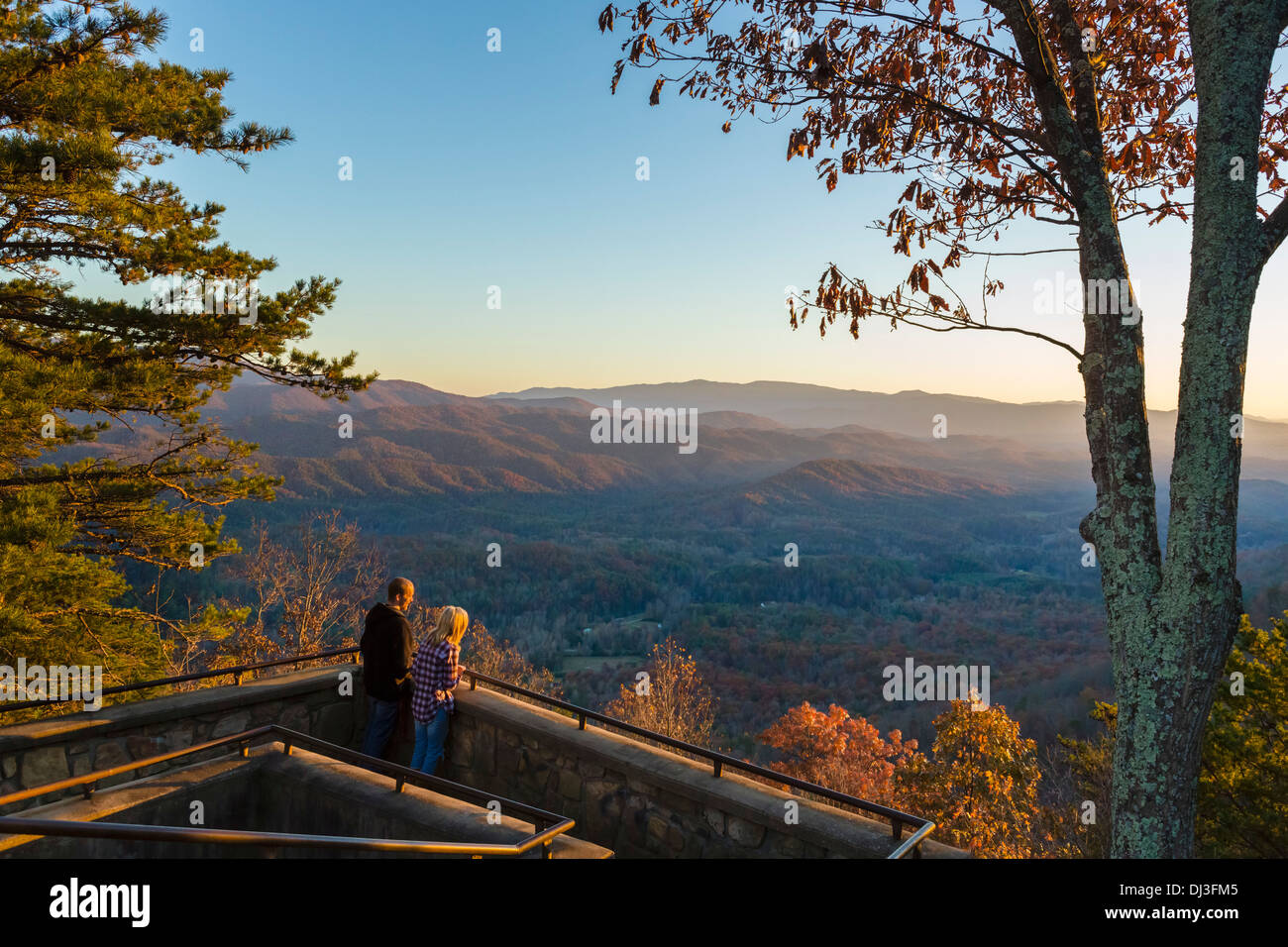 View over the Great Smoky Mountains National Park at sunset from Look Rock overlook, Foothills Parkway, Tennessee, USA Stock Photo