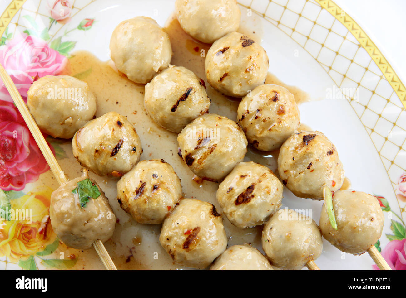 The foods in domestic Thailand of Meat balls roast with fire soft. Stock Photo