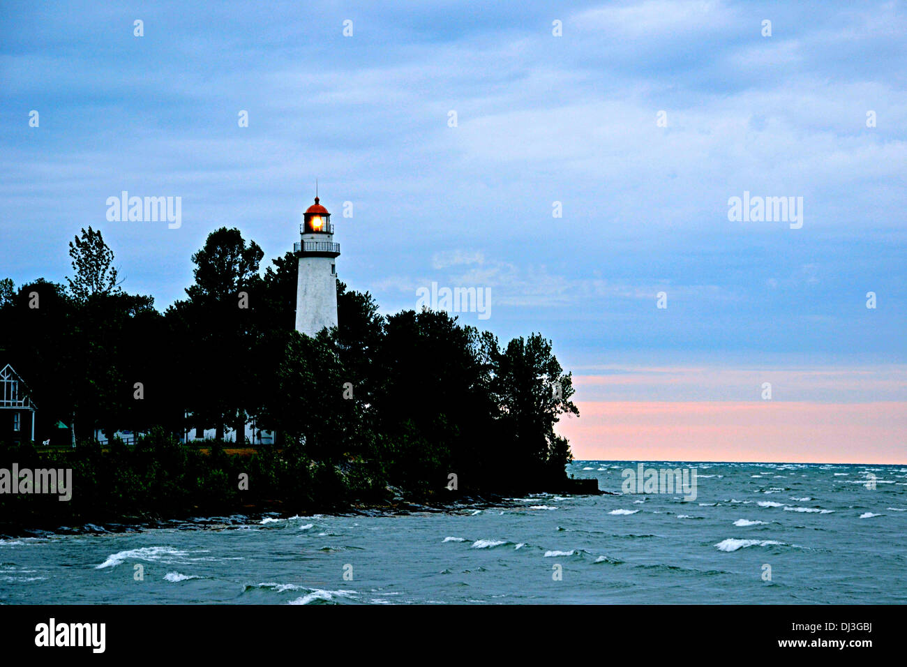 Twilight at Pointe au Barques lighthouse, Port Austin, Michigan Stock