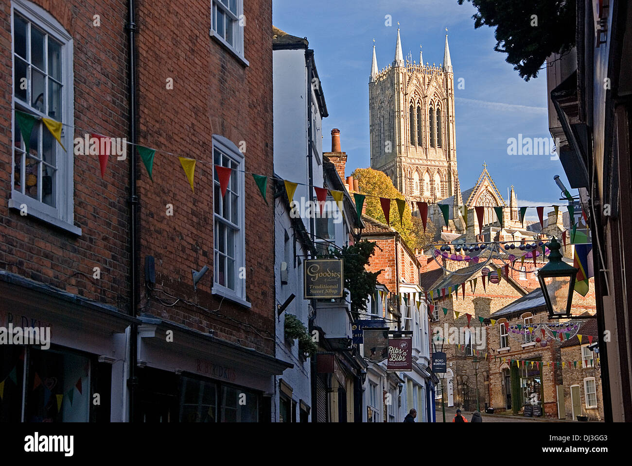 Lincoln Cathedral is an iconic landmark building set high on a hill overlooking the city and the Lincolnshire Fens in England. Stock Photo