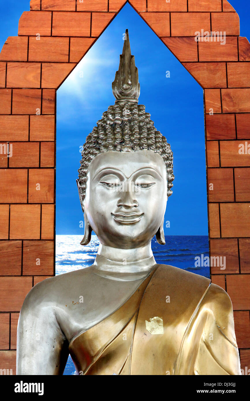 Picture Buddha statue in the background is blue sky and sun shining. Stock Photo