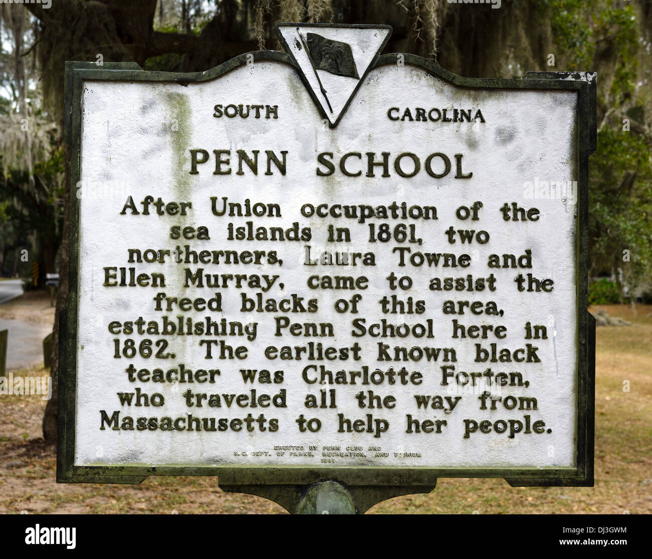 Information plaque about Penn School, Penn School Historic District, St Helena Island, South Carolina, USA Stock Photo