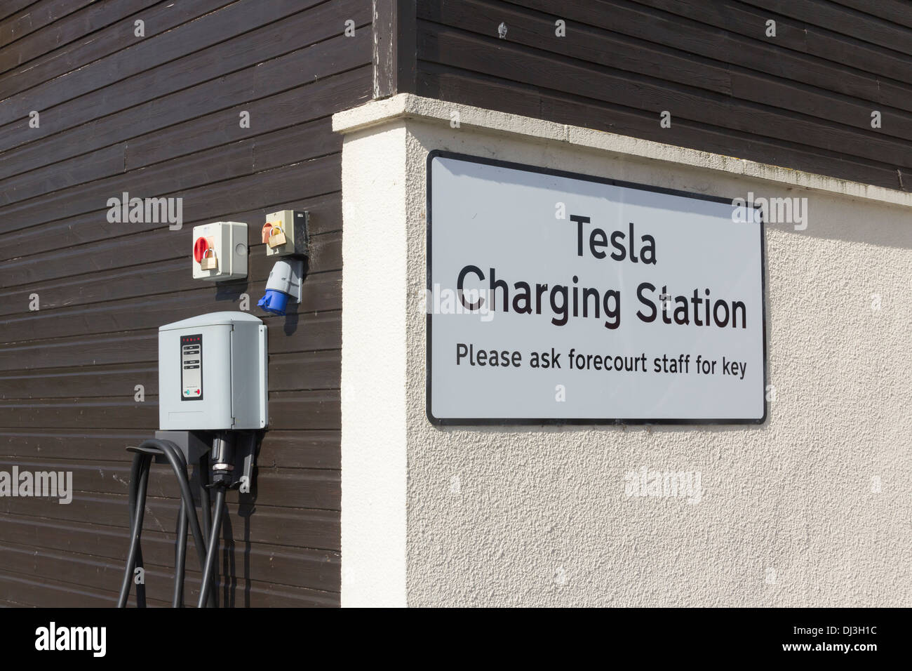 Tesla charging station at Tebay services (northbound), Cumbria providing re-charging facilities for electric vehicles (EV). Stock Photo