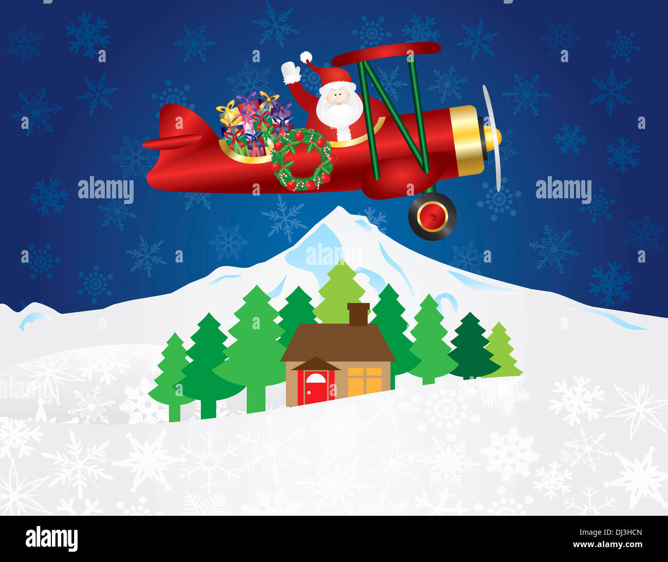 Santa Claus Waving on Biplane Delivering Wrapped Presents Flying Over Winter Snow Scene at Night Background