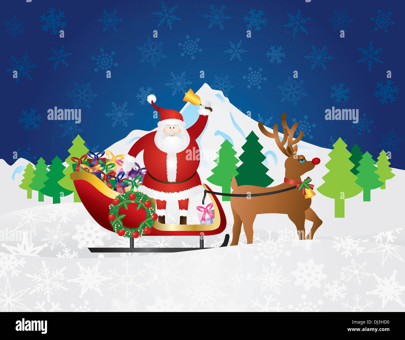 Santa Claus in a Old Classic Sleigh Pulled by Reindeer on a Snowy Night Stock Photo