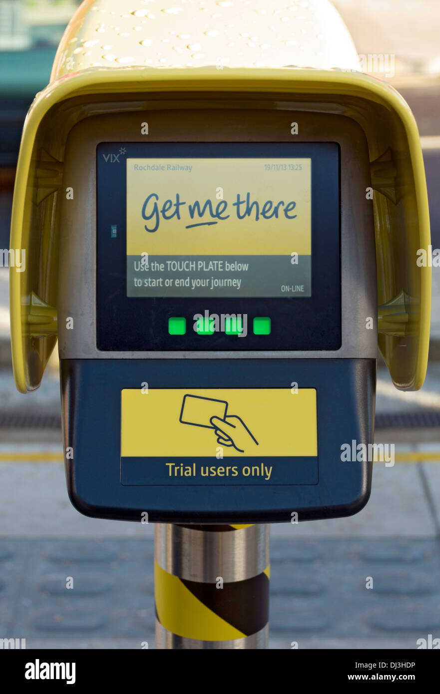 'Get me there' travelcard smart reader under trial at Rochdale Metrolink tram stop, Rochdale, Greater Manchester, England, UK Stock Photo
