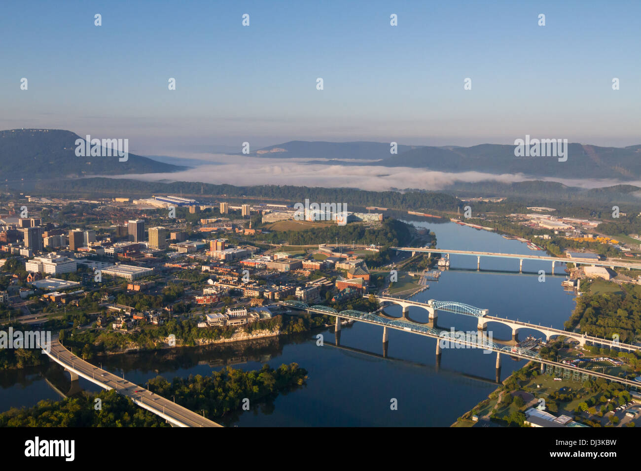Aerial view of the river front in Chattanooga, including the four