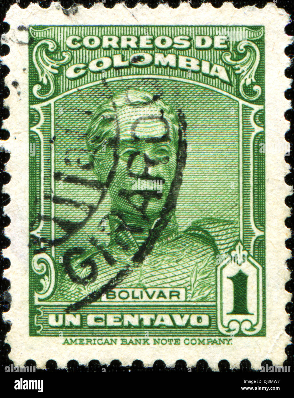COLOMBIA - CIRCA 1939: A stamp printed in Colombia shows Simon Bolivar, circa 1939  Stock Photo