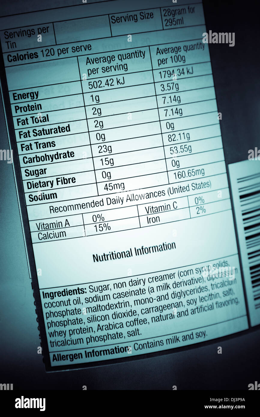 Nutrition information facts on food label Stock Photo