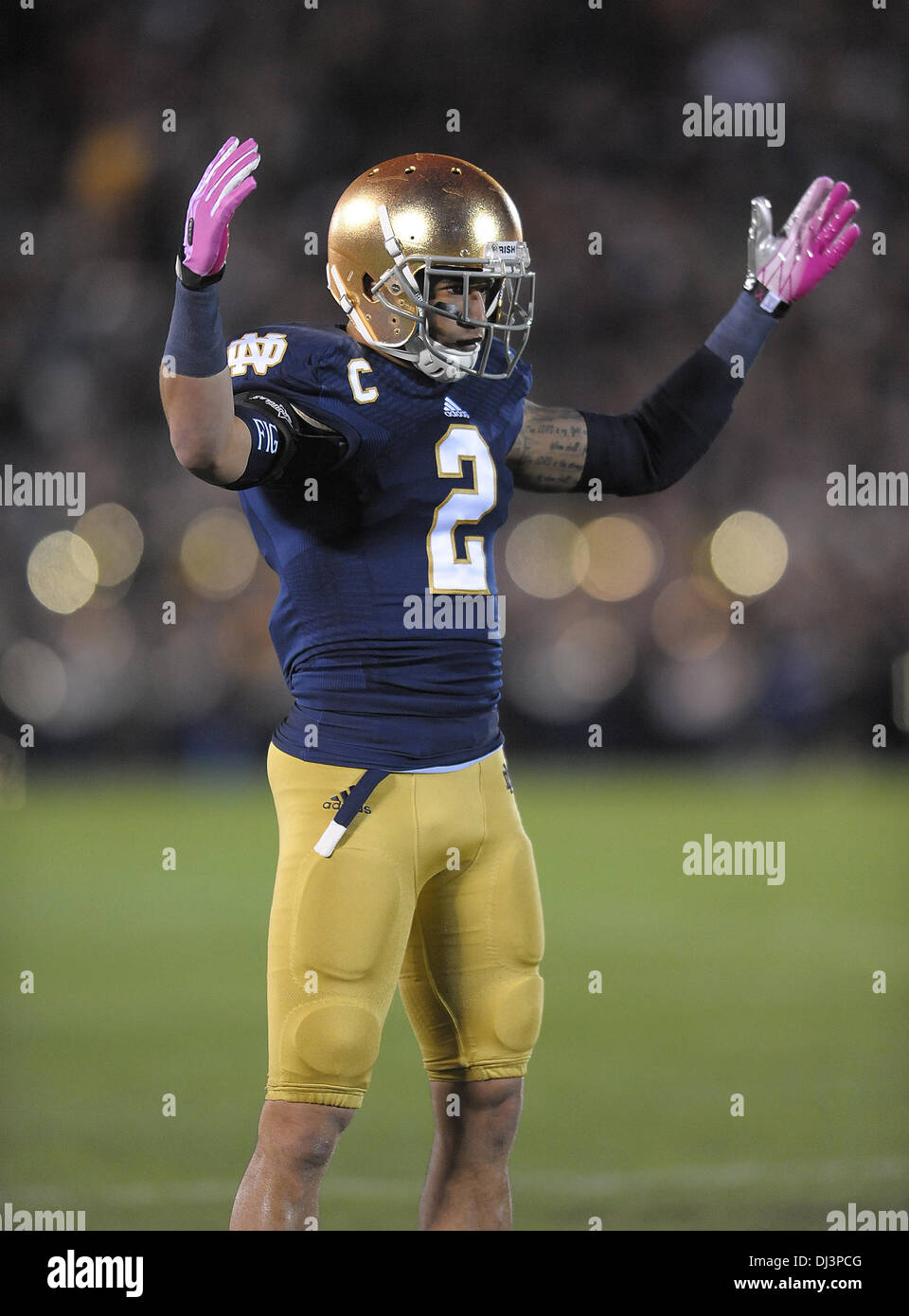 South Bend, IN, USA. 19th Oct, 2013. October 19, 2013 South Bend, IN.Notre Dame cornerback (2) Bennett Jackson in action during the NCAA Football game between the USC Trojans and Notre Dame. Notre Dame has finally snapped its long, home losing streak to the USC Trojans. The Fighting Irish outlasted Southern California in a game of penalties saturday night in a 14-10 victory that ended a five-game home skid to their rivals that dated back to 2001, in South Bend, Indiana, on October 19, 2013. (Mandatory Credit: Jose / MarinMedia.org / Cal Sport Media) (Complete photograph © csm/Alamy Live News Stock Photo