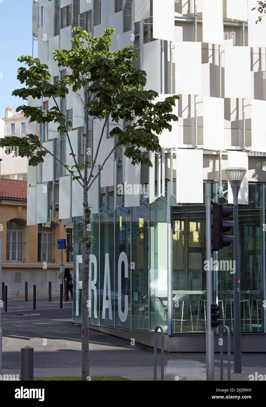 FRAC, Marseille, France. Architect: Kengo Kuma, 2013. Exterior view showing cladding and signage. Stock Photo