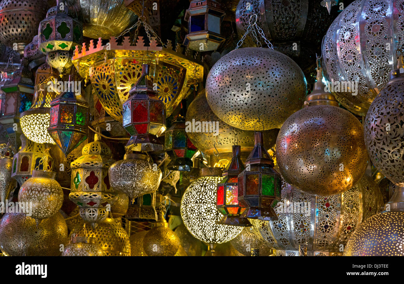 Metal lanterns for sale in Souk market, Medina, Marrakech, Morocco, North Africa Stock Photo