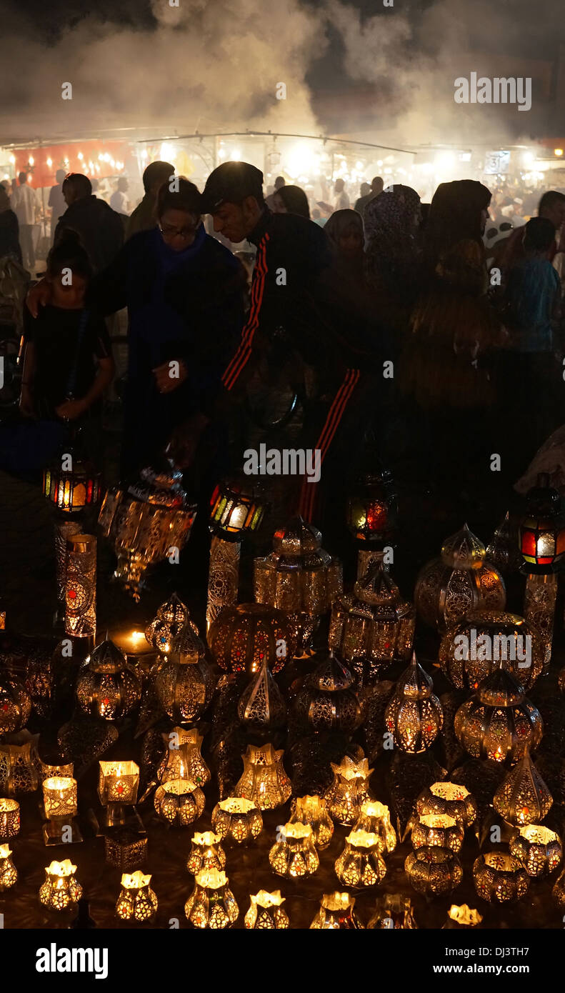 Metal lanterns for sale at Djemaa El Fna market at night, Medina, Marrakech, Morocco, North Africa Stock Photo