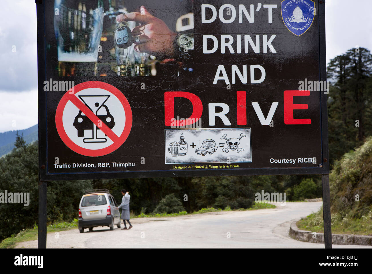 Bhutan, drunk driving, don’t drink and drive sign at roadside Stock Photo