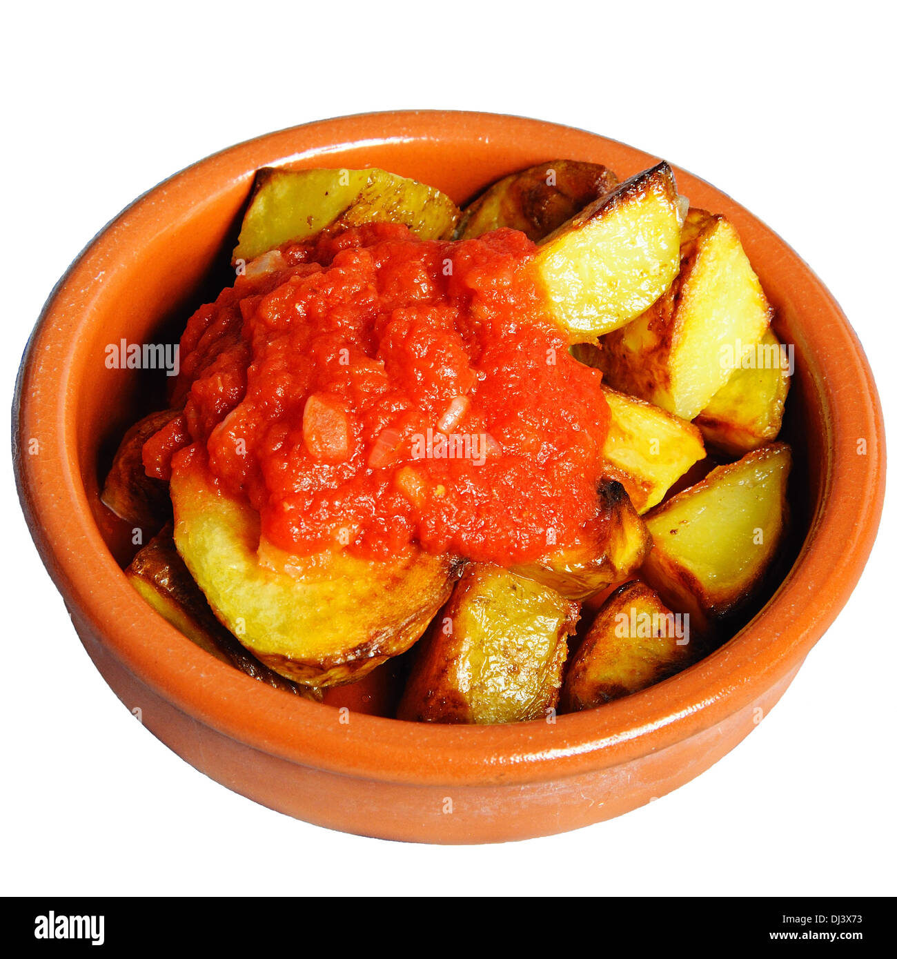 Tapas – chipped potatoes with a spicy tomato sauce (Patatas Bravas), Stock Photo