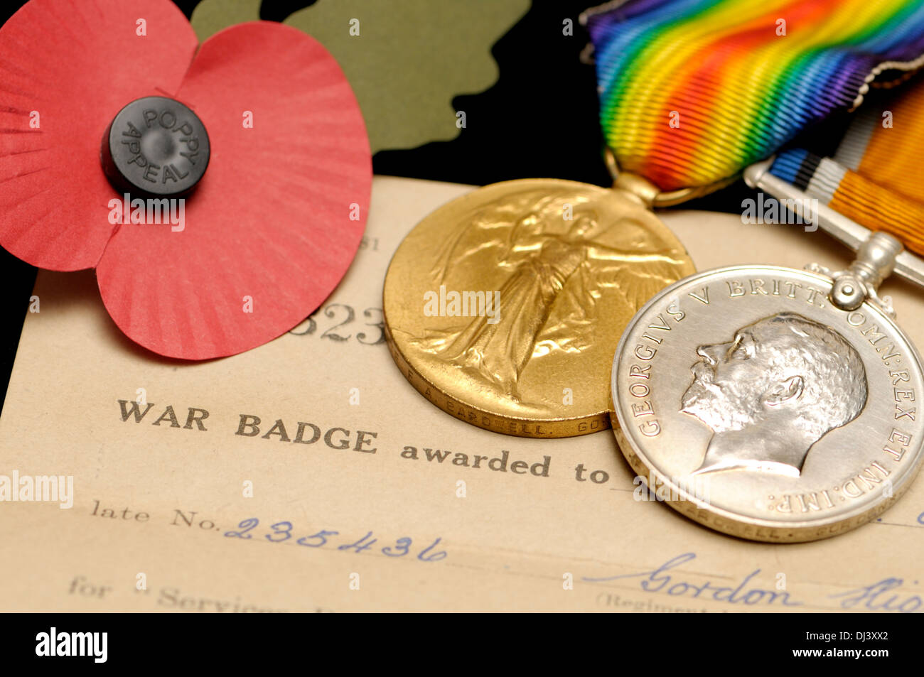 First World War British medals. Victory Medal (golden) War Medal (silver) Stock Photo