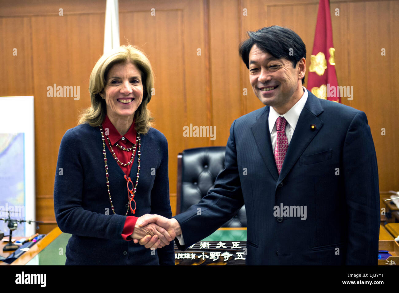 US Ambassador Caroline Kennedy pays a courtesy call on Japanese Minister of Defense Itsunori Onodera November 21, 2013 in Tokyo, Japan. Stock Photo