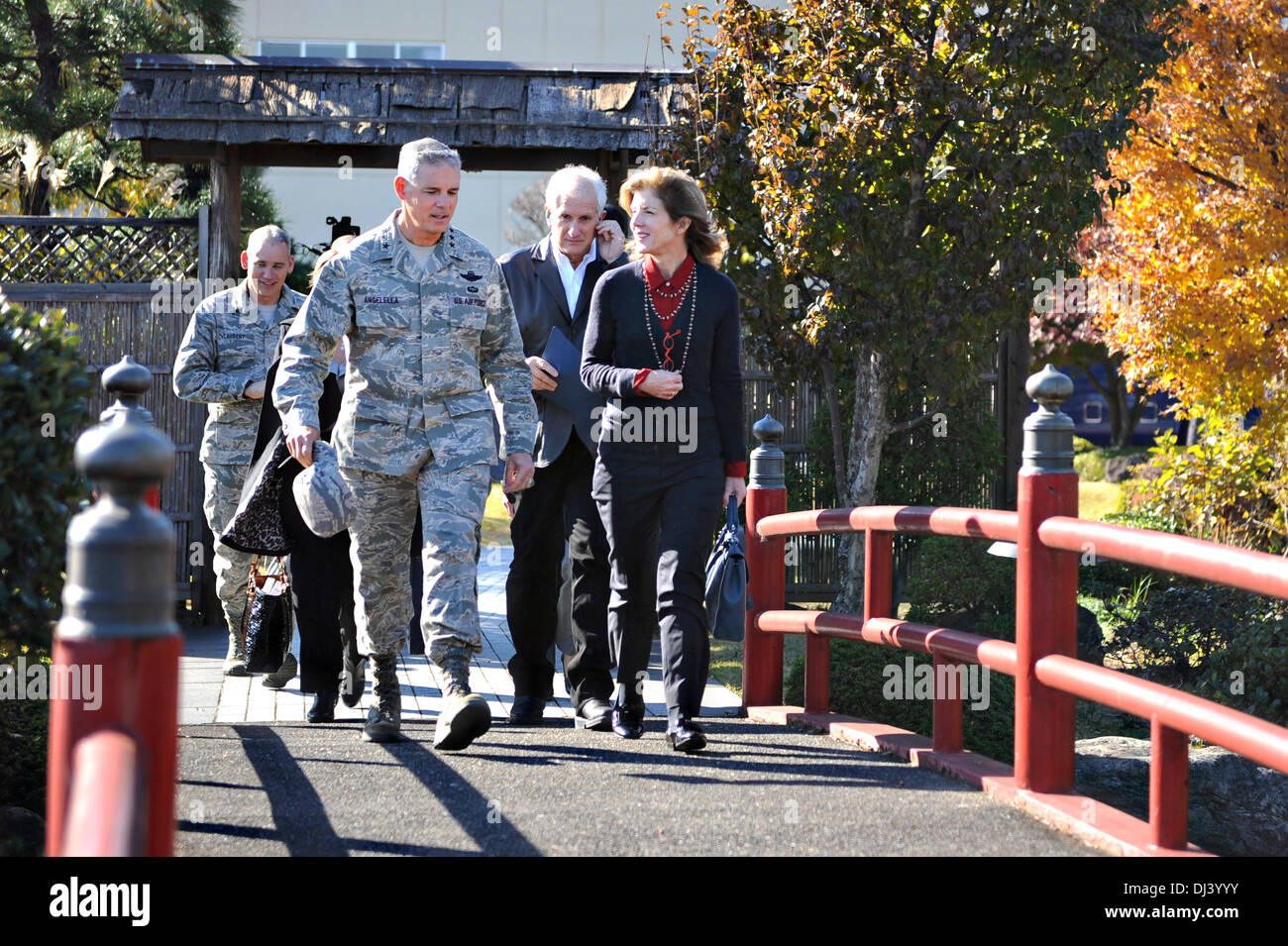 US Ambassador Caroline Kennedy walks with Commander of US Forces Japan, Lt. Gen. Sam Angellela, during a visit to Yokota Air Base November 21, 2013 in Yokota, Japan. Stock Photo