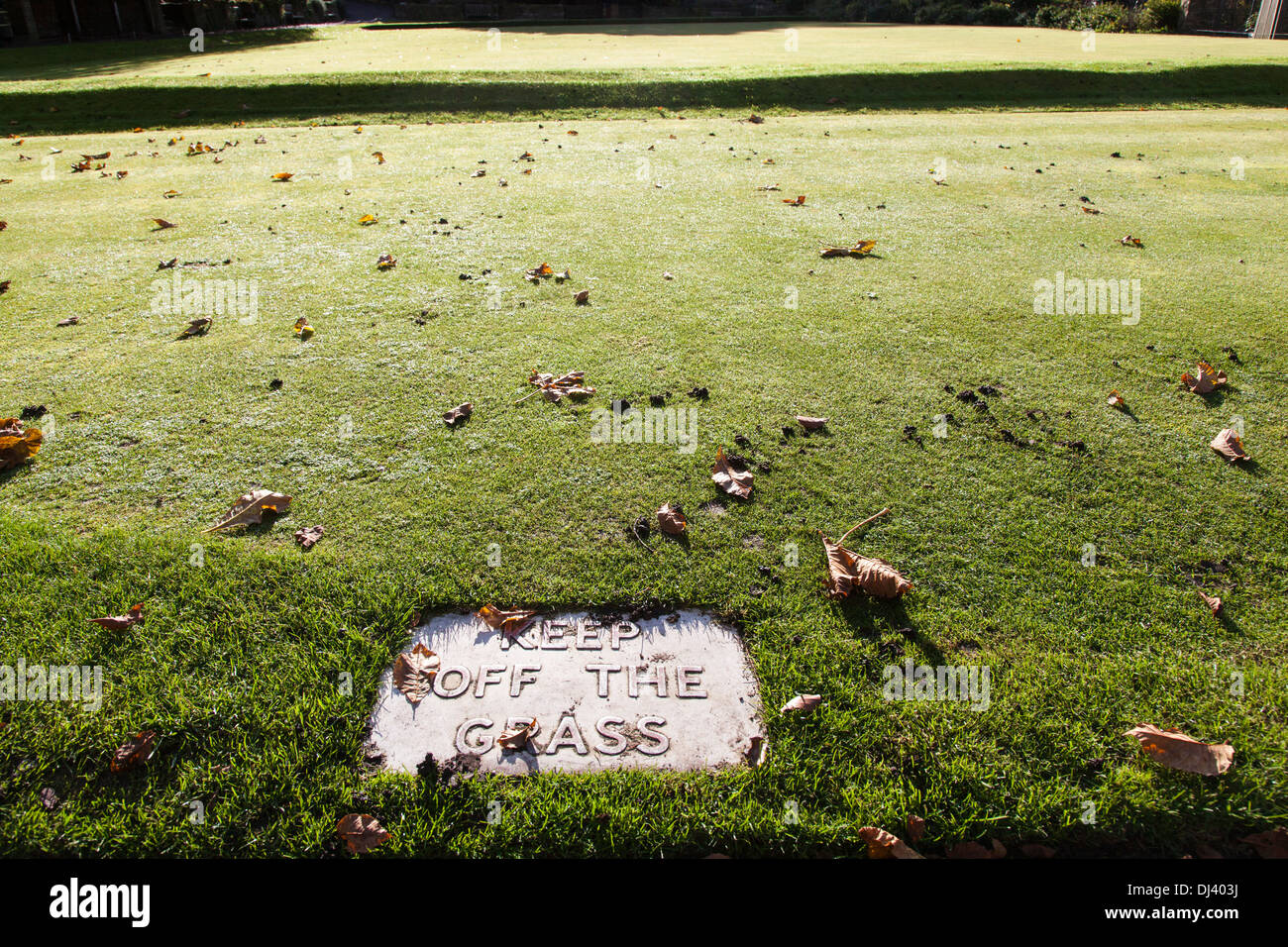 Keep off the grass sign embedded in a bowling green with autumnal leaves on the lawn. Stock Photo