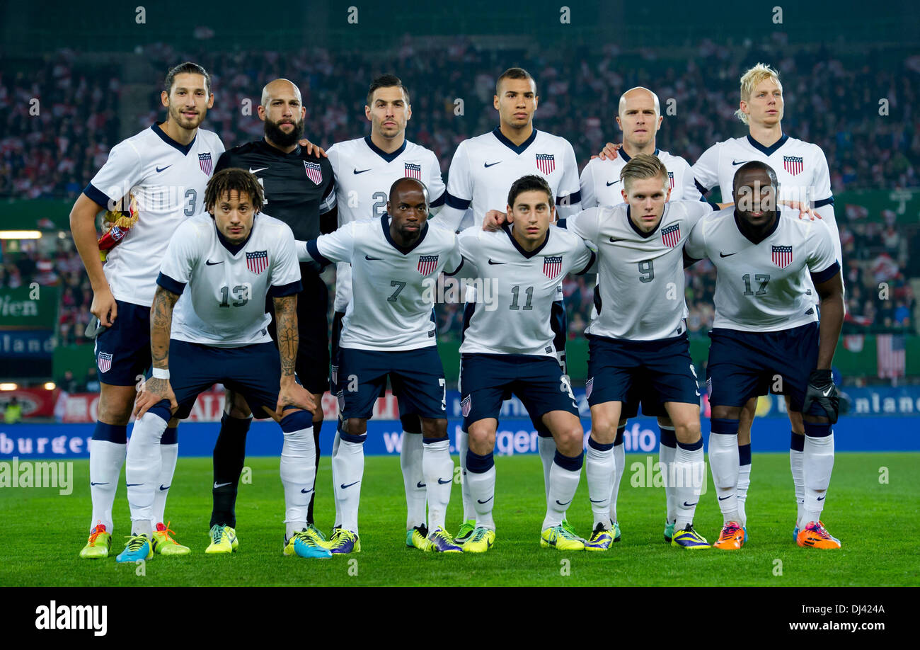 Vienna, Austria. 19th Nov, 2013. Team USA (back row, L-R): Omar Gonzalez, Tim Howard, Geoff Cameron, John Anthony Brooks, Michael Bradley and Brek Shea; (front row, L-R): Jermaine Jones, DaMarcus Beasley, Alejandro Bedoya, Aron Johannsson and Jozy Altidore pictured before the international soccer friendly match between Austria and USA at Ernst-Happel Stadium in Vienna, Austria, 19 November 2013. Photo: Thomas Eisenhuth/dpa - NO WIRE SERVICE/dpa/Alamy Live News Stock Photo