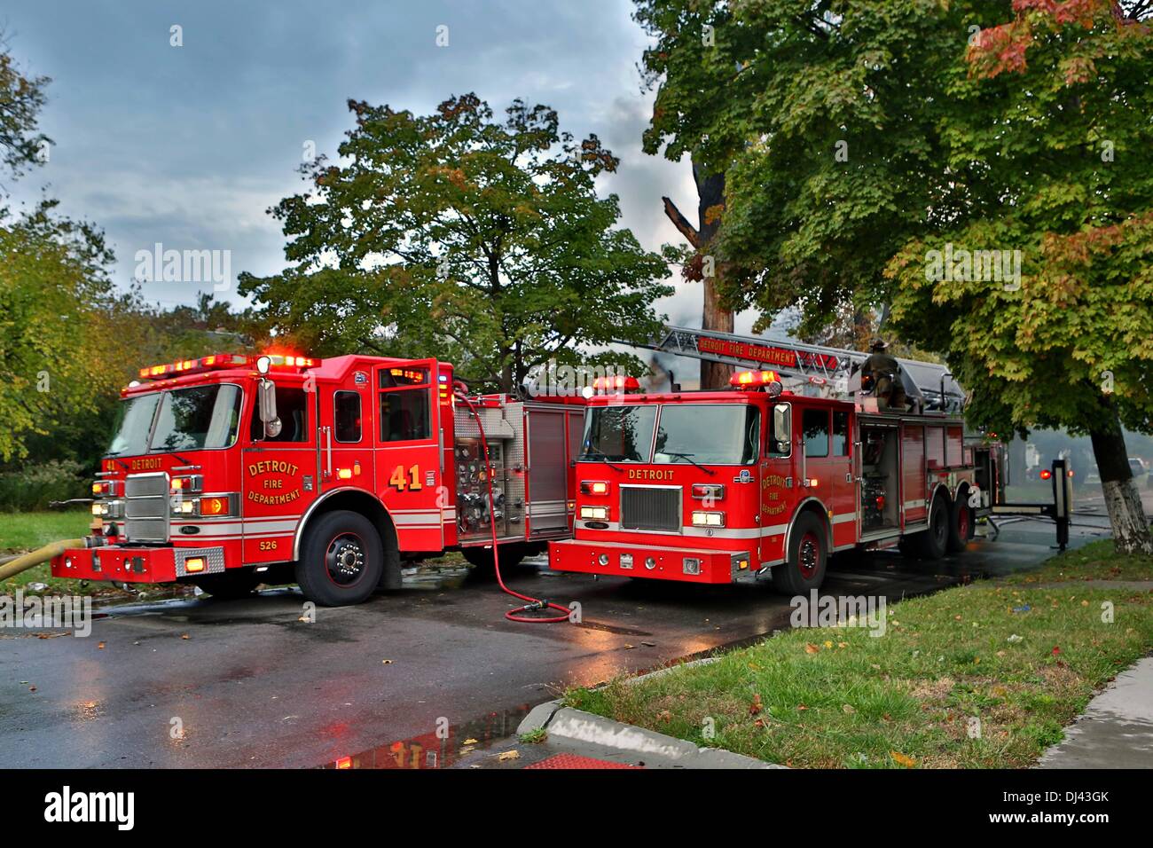 Engine Co's, Ladder Trucks and Fire Boat of Detroit Fire Department, Michigan, USA. Picture was taken in October 2013. Stock Photo