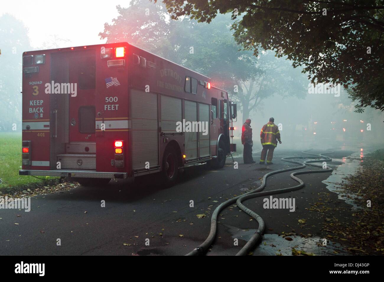 Engine Co's, Ladder Trucks and Fire Boat of Detroit Fire Department, Michigan, USA. Picture was taken in October 2013. Stock Photo