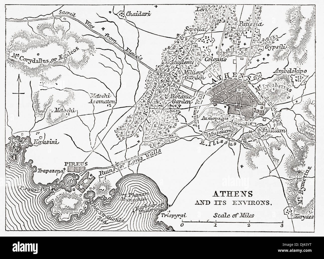 Map of Athens and Piraeus, Greece, mid 19th century. Stock Photo
