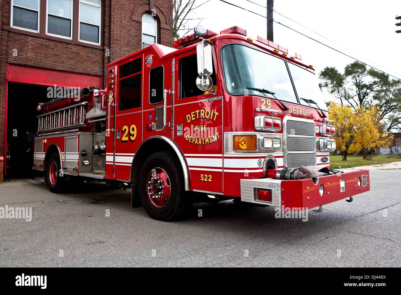 Appartus and firehouse of Detroit Fire Department Engine 29 in Detroit, Michigan, USA. Picture was taken in October 2013. Stock Photo