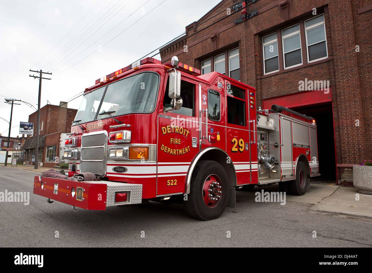 Appartus and firehouse of Detroit Fire Department Engine 29 in Detroit, Michigan, USA. Picture was taken in October 2013. Stock Photo