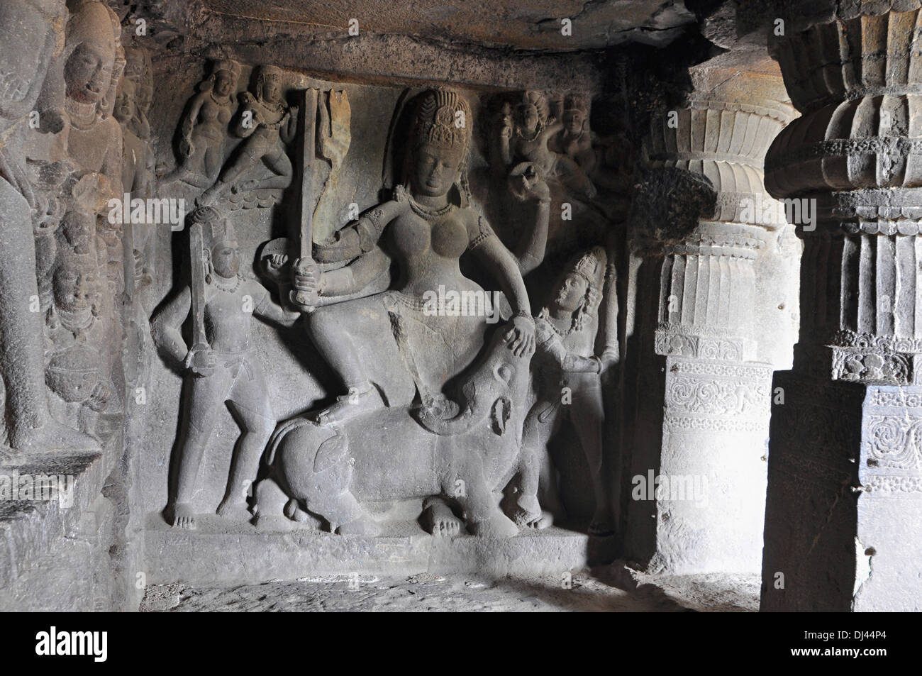 Cave 21 : Durga slaying the buffalo demon. Ellora Caves, Aurangabad, Maharashtra, India Stock Photo