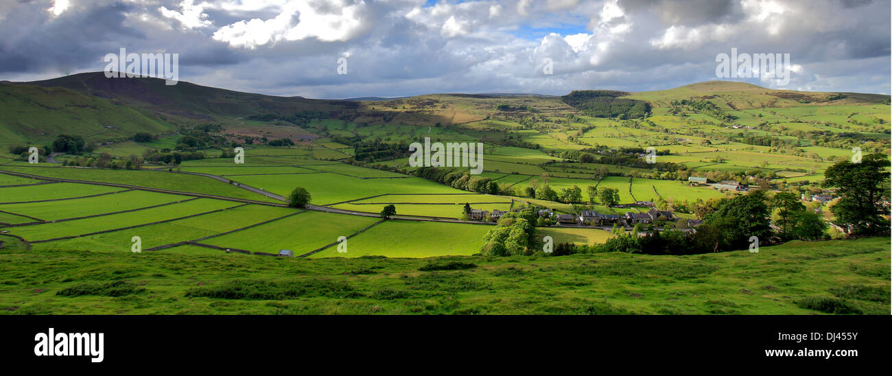 Hope Valley showing Mam Tor and Lose Hill ridge, Castleton village, Peak District National Park
