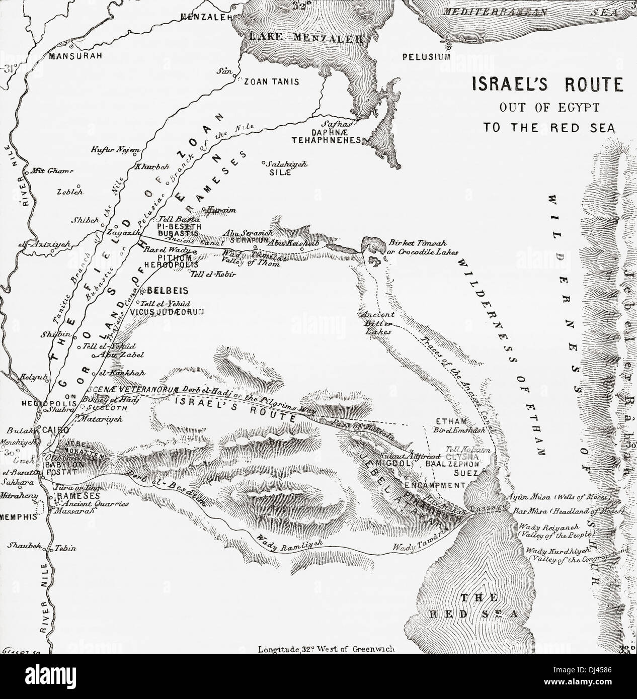 Map showing the Israelites route to the Red Sea during their exodus from Egypt. Stock Photo