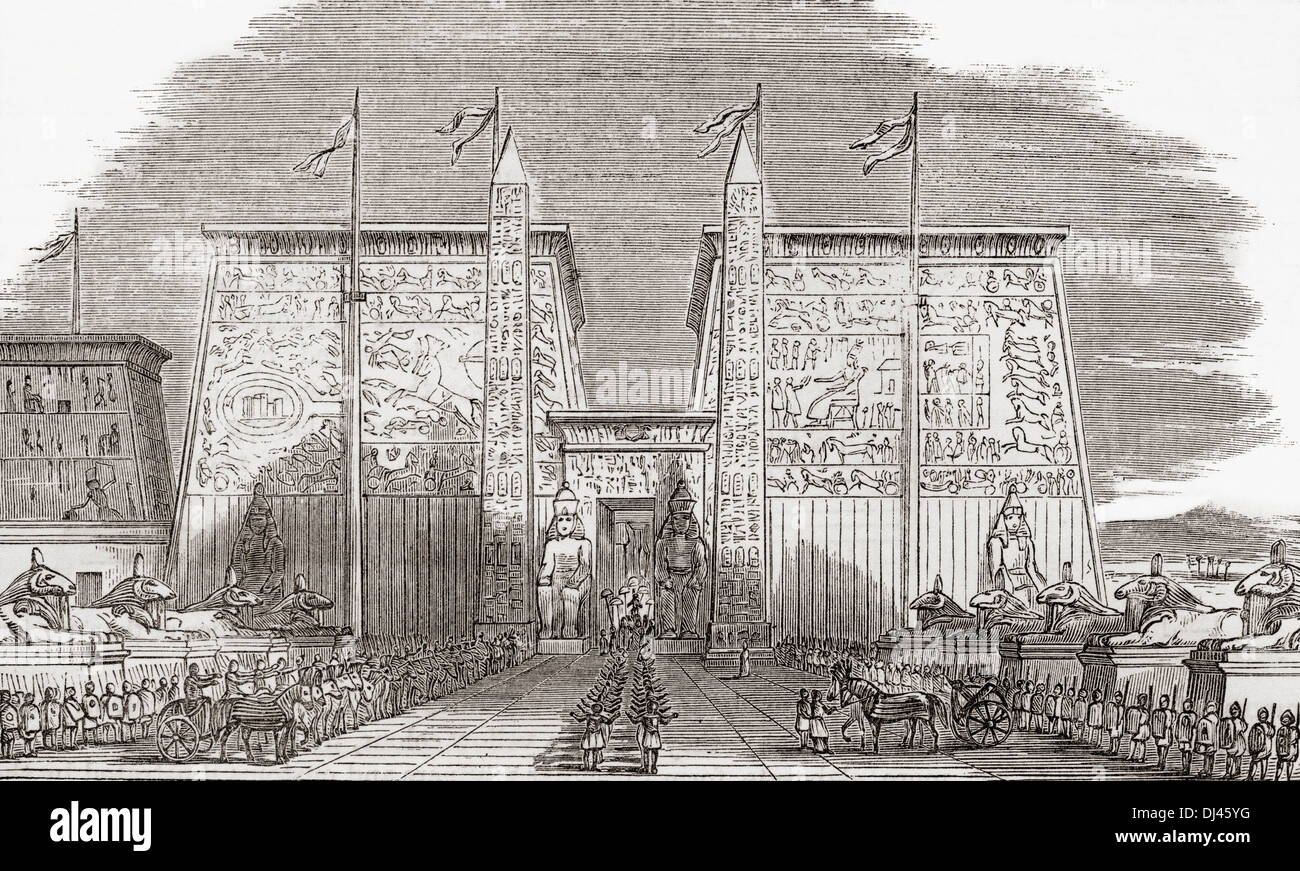 Illustration suggesting how the Propylon or Gate of the Temple of Luxor, Egypt would have looked in its day. Stock Photo