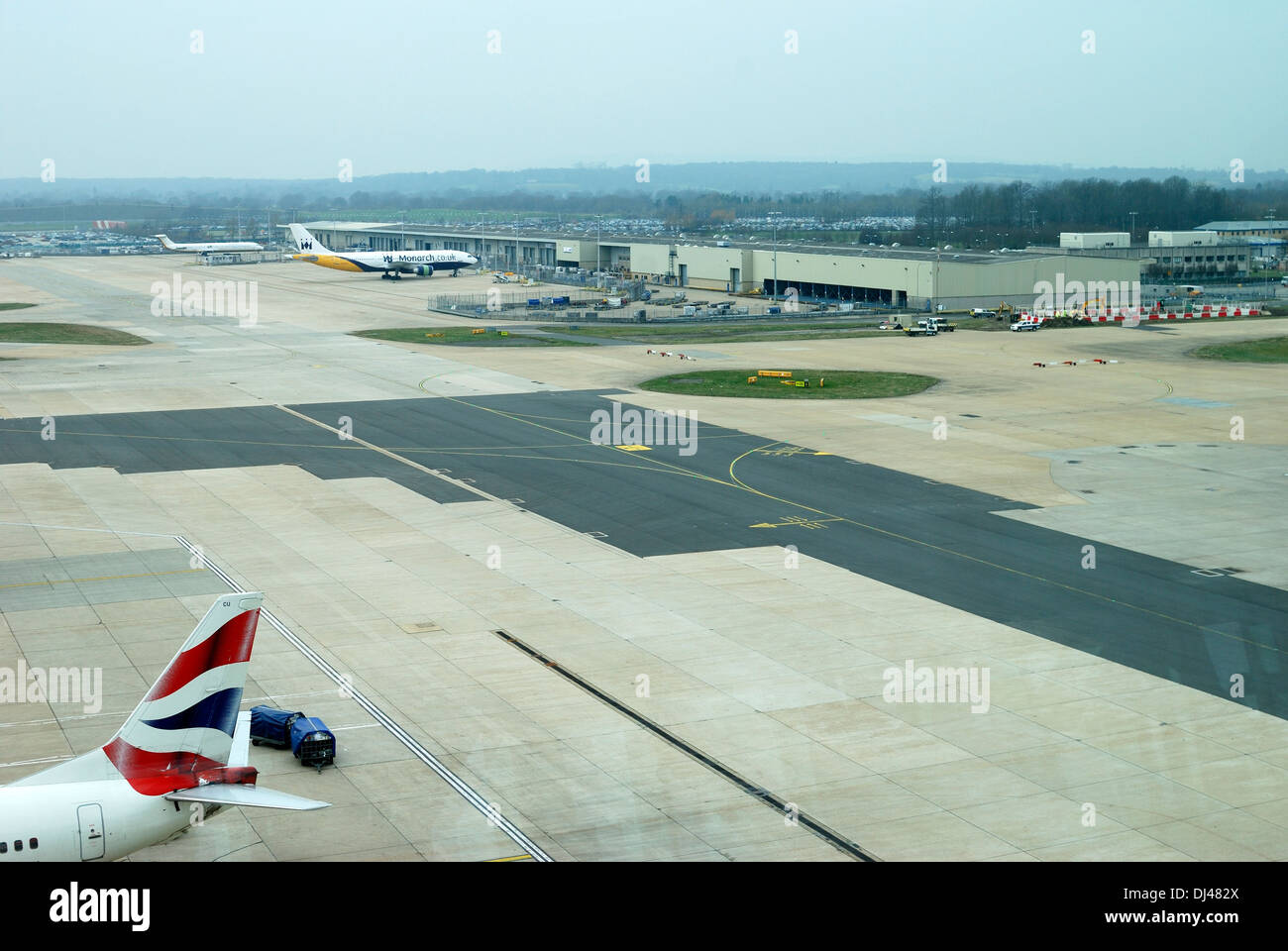 View over taxiways from North Terminal at Gatwick Airport. West Sussex. England Stock Photo