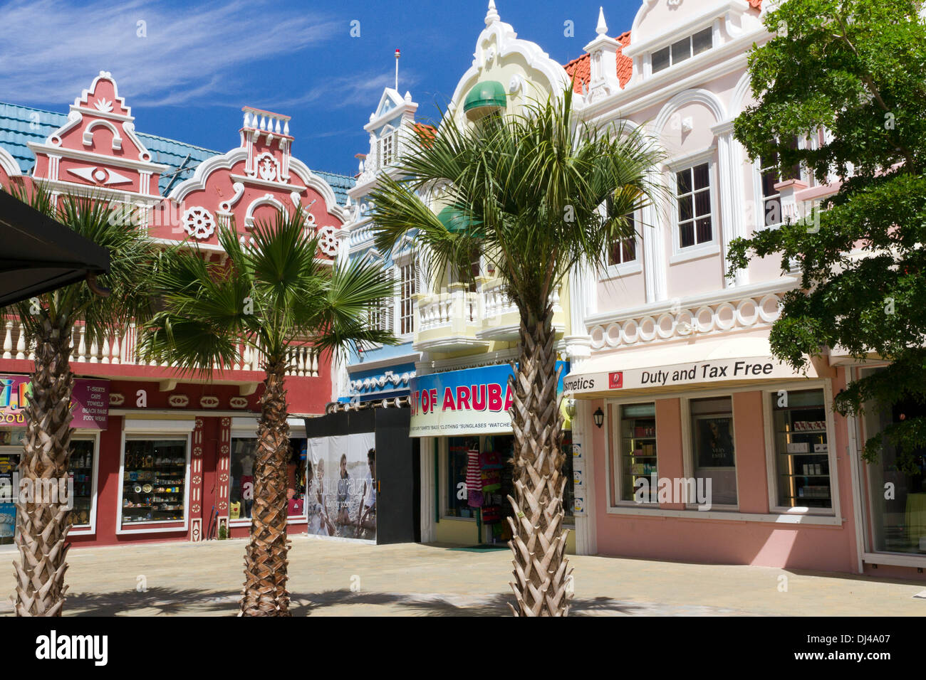 Palm trees dominate Oranjestad's main square in Aruba Stock Photo