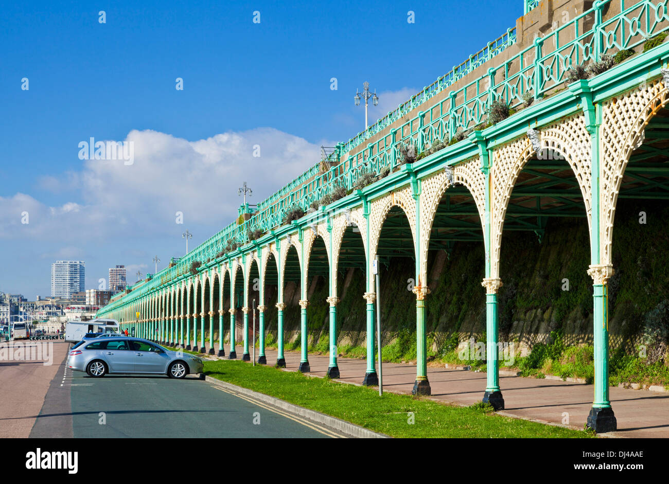 Ornate iron lacework of the arches on Madeira drive Brighton East Sussex England GB UK EU Europe Stock Photo