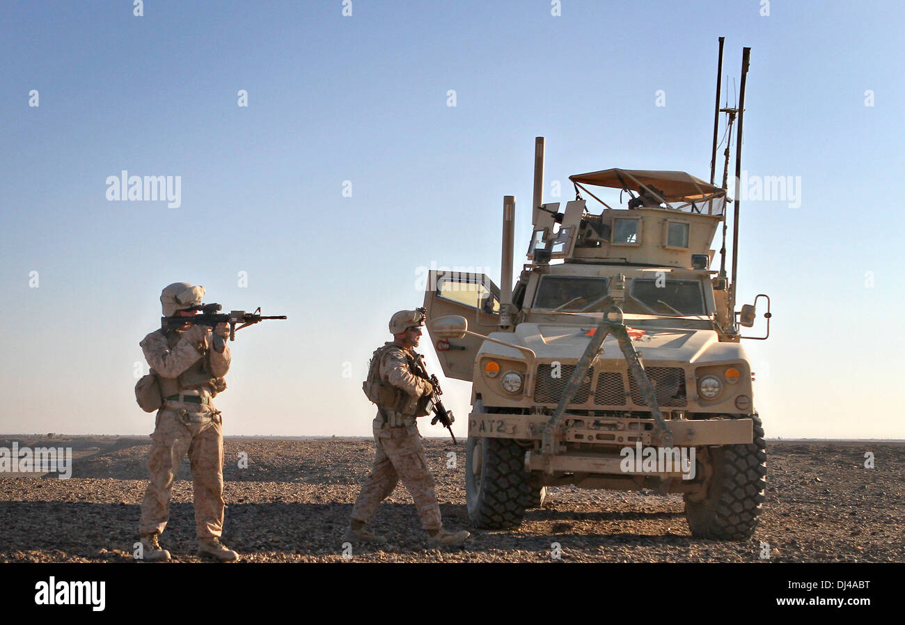 US Marines search for insurgents while providing security at a landing zone during Operation Pegasus II November 10, 2013 near Spin Boldak, Afghanistan. Stock Photo